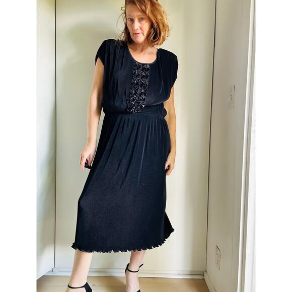 Virginie Paris Floral Micropleated Dress Black Made in France Statement SZ L - Picture 1 of 9